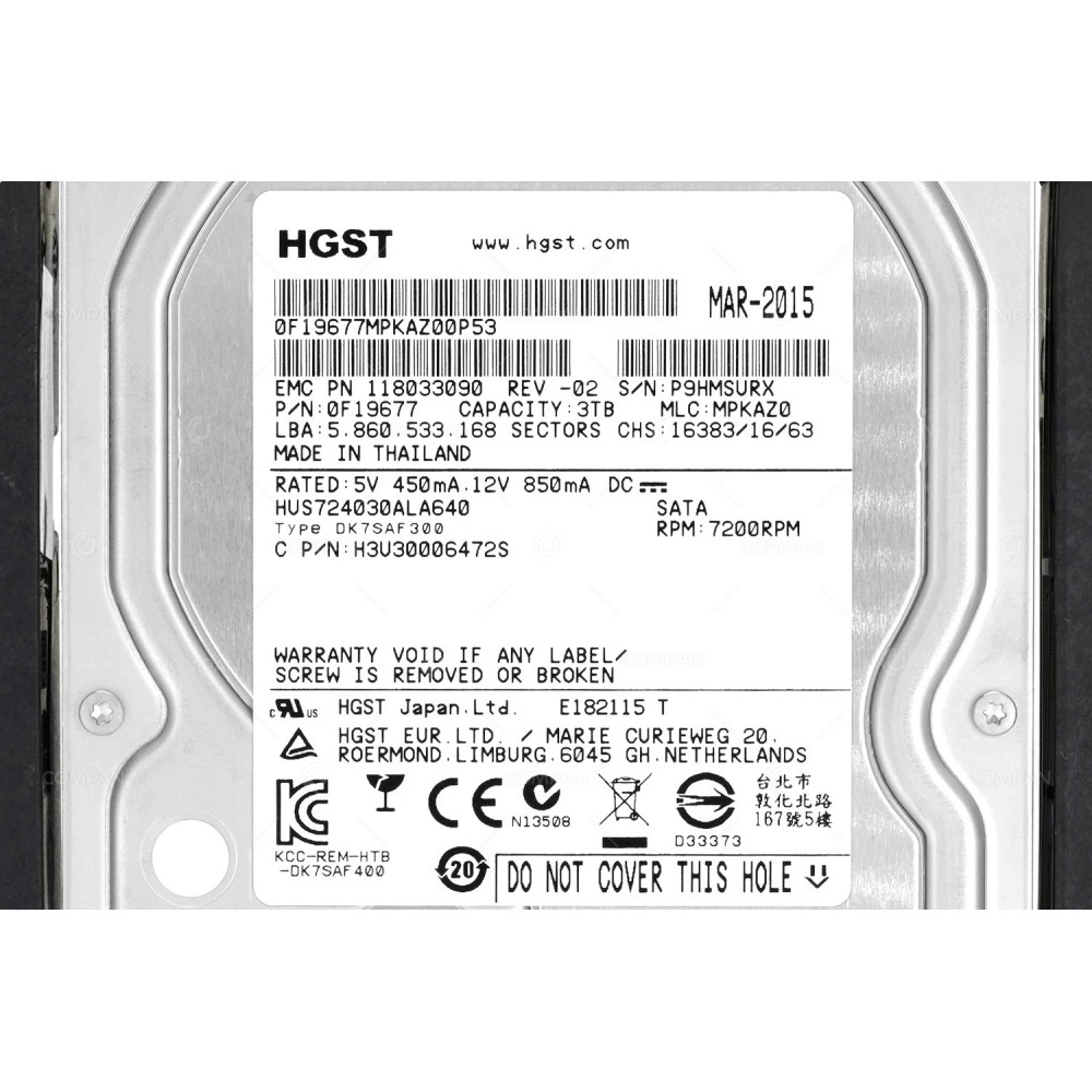 005050475 EMC 3TB 3.5" LFF 7.2K 6G SATA HARD DRIVE 118033090, 0F19677